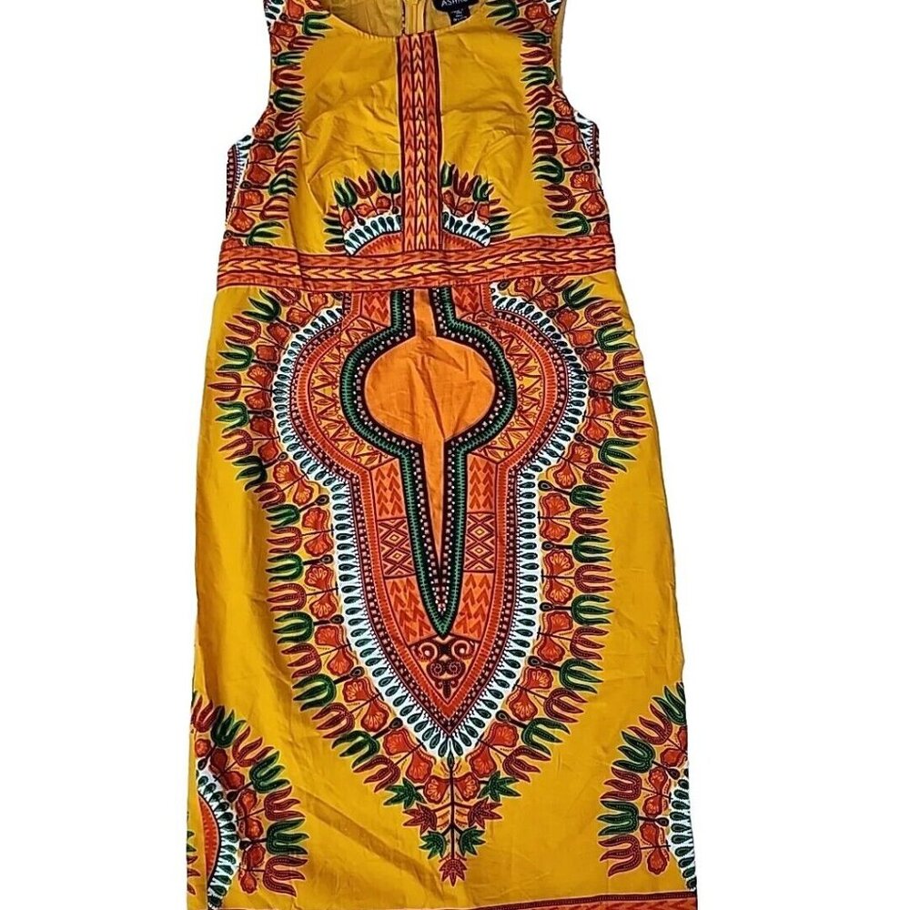 Ashro Ethnic Vibrant Geometric Print 100% Cotton Lined Yellow Bodycon Dress Sz 8